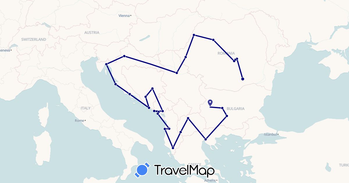 TravelMap itinerary: driving in Albania, Bosnia and Herzegovina, Bulgaria, Greece, Croatia, Montenegro, Macedonia, Romania, Serbia (Europe)