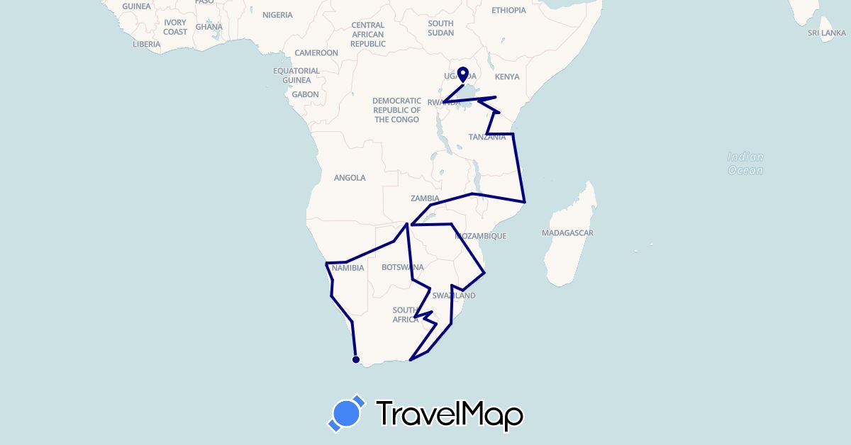 TravelMap itinerary: driving in Botswana, Kenya, Lesotho, Malawi, Mozambique, Namibia, Rwanda, Swaziland, Tanzania, Uganda, South Africa, Zambia, Zimbabwe (Africa)