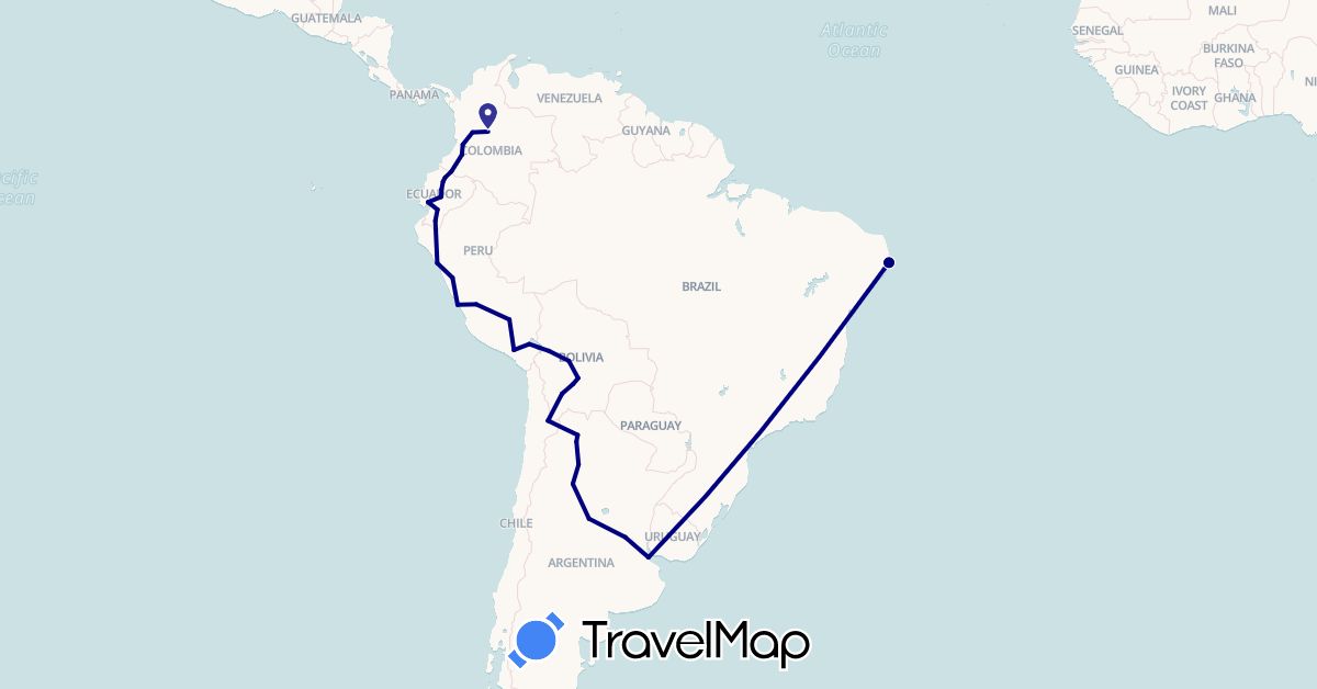 TravelMap itinerary: driving in Argentina, Bolivia, Brazil, Chile, Colombia, Ecuador, Peru (South America)