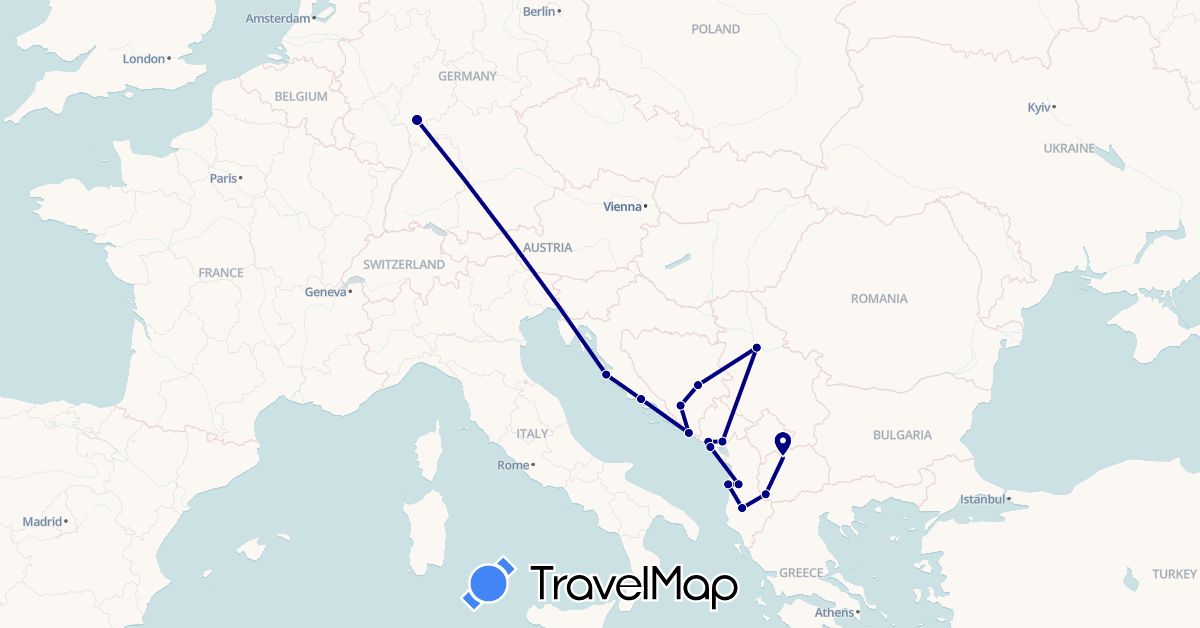 TravelMap itinerary: driving in Albania, Bosnia and Herzegovina, Germany, Croatia, Montenegro, Macedonia, Serbia (Europe)